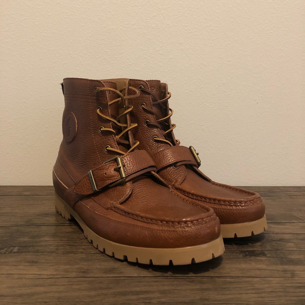 Polo Ralph Lauren Ranger Tan Brown Grain Leather Ranger Boots Buckle - Mens 13D